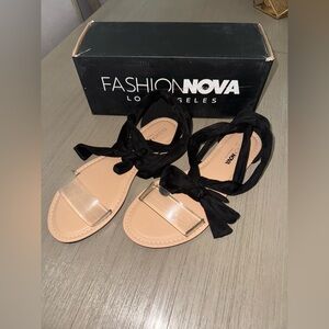 Fashion Nova Nude & Black Clear Strap Lace-Up Sandals